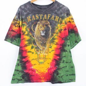 Vintage Rastafari Shirt Mens Multicolor Tie Dye Short Sleeve Lion Logo 2XL